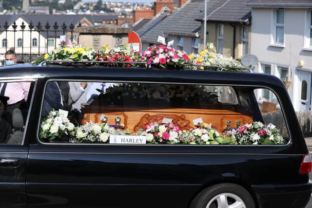 The hearse carrying the coffin of Samantha Willis (nee Curran) to St Columb's Church, Londonderry, for the funeral for mother-of-four from Strathfoyle who died with Covid-19 shortly after giving birth on Friday. Picture date: Monday August 23, 2021.
