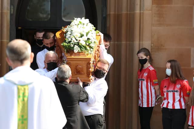 The coffin of Samantha Willis (nee Curran) from Strathfoyle is taken from St Columb's Church, Londonderry, after her funeral. The mother-of-four died with Covid-19 shortly after giving birth on Friday. Picture date: Monday August 23, 2021.