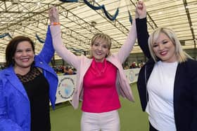 Martina Anderson pictured with Michelle O'Neill Sinn Féin vice president and Sinn Féin President Mary Lou McDonald at the European election count in 2019.