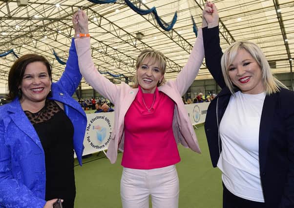 Martina Anderson pictured with Michelle O'Neill Sinn Féin vice president and Sinn Féin President Mary Lou McDonald at the European election count in 2019.