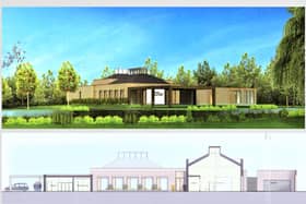 CGI OF THE CREMATORIUM ABOVE, AND A BLUEPRINT BELOW