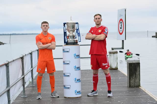 Glenavon's James Singleton (left) and Portadown's Paul Finnegan at the launch of this season's Danske Bank Premiership in Antrim Loughshore Park.