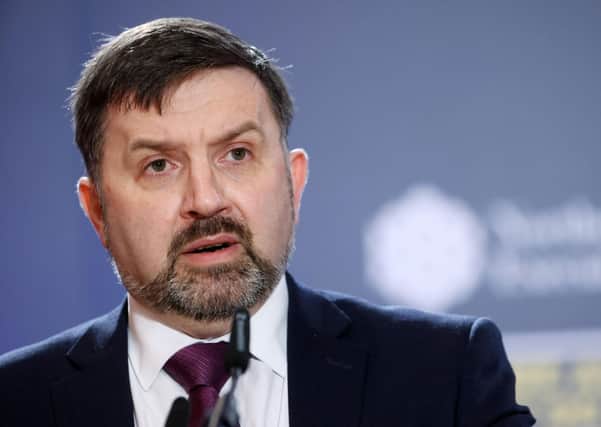 Handout photo issued by Press Eye of Health Minister Robin Swann during a press conference in Parliament Buildings, Stormont, Belfast.