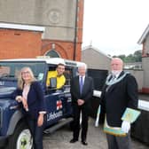 From left: Freemason Ross Hawkins, Dawn McConnell from Hope House, RNLI volunteer Jamie Somerville; Mal Ross, Freemason receiving the funds on behalf of MacMillan and Assistant Grand Master of the Provincial Grand Lodge of Antrim, John Edens.