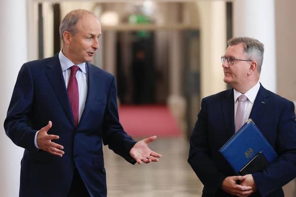 DUP leader Sir Jeffrey Donaldson meeting with Taoiseach Michael Martin at Government Buildings, Dublin on Friday.