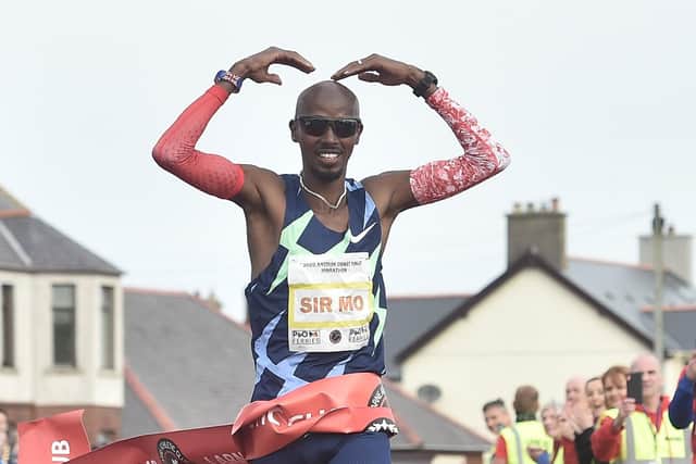 Sir Mo Farah stretching clear in the closing stages of the Antrim Coast Half Marathon in 2020.
Picture: Colm Lenaghan/Pacemaker