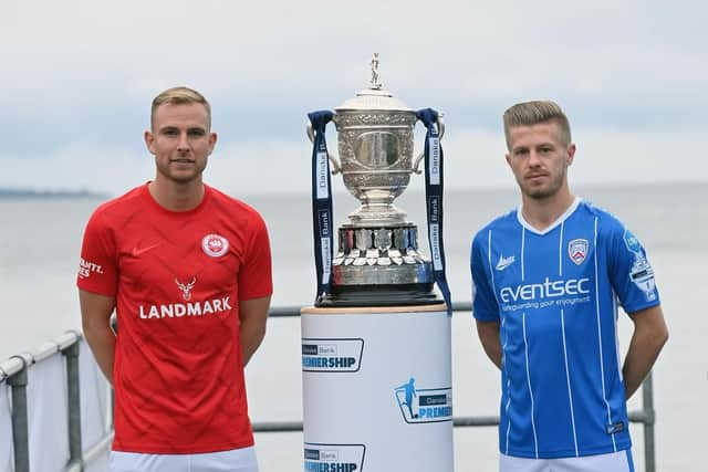 Larne midfielder Andy Mitchell pictured with the Gibson Cup