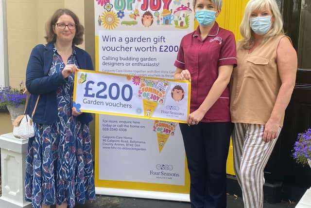 (Left to right) Emma Burbridge, Competition Winner. Lisa McDonald, Home Manager at Galgorm Care Home and Lynda Kenny, Business Development Manager at Four Seasons