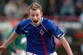 Stuart King - celebrating back in 2003 during a playing career at Linfield - will make his first top-flight appearance as manager today with Carrick Rangers. Pic by Pacemaker