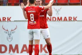 Kofi Balmer celebrates his goal during the game at Inver Park, Larne Photo Andrew McCarroll/ Pacemaker Press