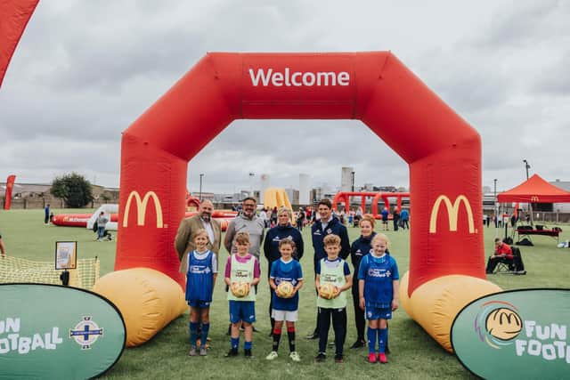 Some of the children that enjoyed the McDonald’s Fun Football Festival at The Showgrounds in Coleraine with (L-R) Conrad Kirkwood, President, Irish FA; Malcolm Roberts, Regional Grassroots Development Officer, Irish FA Foundation; Laura Woodcock, Coach, Everton FC; Paddy Cusack, Franchisee, McDonald’s and Marissa Callaghan, Northern Ireland senior women’s team captain