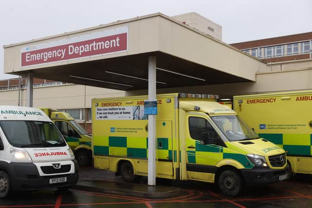 Ambulances outside the emergency department entrance of Craigavon Area Hospital. Deputy First Minister Michelle O'Neill has warned Northern Ireland is currently experiencing is pandemic worst case scenario.