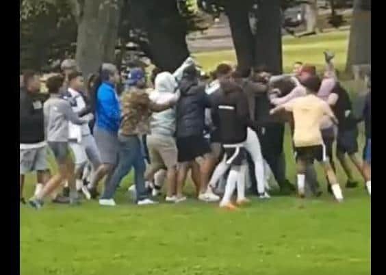Portadown's People's Park was the scene of a mass brawl on Sunday during which one man was stabbed. Screenshot from a video of the incident.
