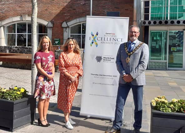 Councillor William McCaughey, Mayor of Mid and East Antrim Council at the launch of the Carrick Business Excellence Awards with Gail Kelly, Town Centre Development Manager, Mid and East Antrim Council and Grace Clements, Media Sales Advisor, Carrick Times,