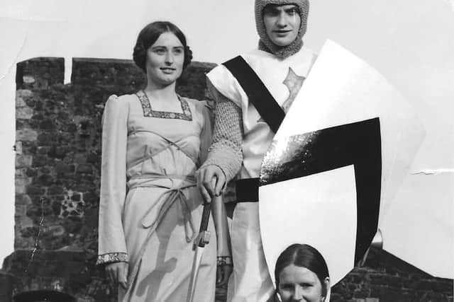 A picture from the festival in 1971 of 'Knight of the realm' Trevor Cameron with 'ladies-in-waiting' Christine Wolfenden and Lynda Broad.