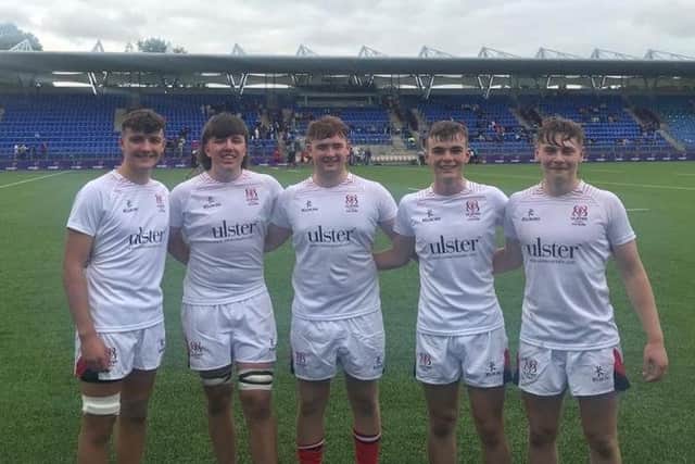 Ballyclare High School representatives pictured post-match at Energia Stadium after the Connacht victory.