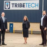 Economy Minister, Gordon Lyons with Charlie King, managing director of Tribe Technology and Anne Beggs, director of Trade and Investment for Invest NI.