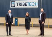 Economy Minister, Gordon Lyons with Charlie King, managing director of Tribe Technology and Anne Beggs, director of Trade and Investment for Invest NI.