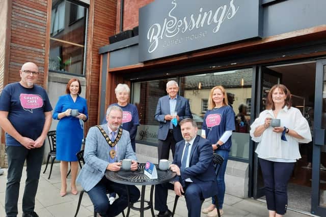Robin Brown Proprietor of Blessings Café, Jennifer Welsh Chief Executive of NHSCT, Mayor Cllr William McCaughey, Volunteer Margaret Muphy, Rural Older & Active Group member Billy McIlwrath, Health Minister Robin Swann, Joanne Brown Kerr Community Consultant BMW Cluster, Yvonne Carson Health & Wellbeing NHSCT