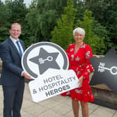 Economy Minister Gordon Lyons is pictured with Pamela Ballantine and Northern Ireland Hotels Federation (NIHF) President Stephen Meldrum