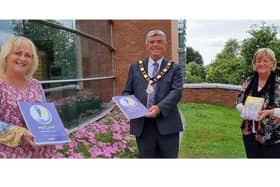 Mary Henderson (right) with the Melanie Phillips, assistant director, Community Care, East Antrim locality and the Mayor of Antrim and Newtownabbey,  Cllr Billy Webb.
