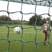 Mayor of Mid and East Antrim, Councillor William McCaughey, is right on point at the new MUGA pitch at Clough!
