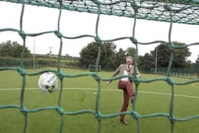Mayor of Mid and East Antrim, Councillor William McCaughey, is right on point at the new MUGA pitch at Clough!