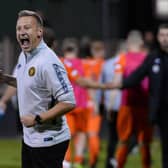Stuart King celebrating his first victory as a Premiership manager following the midweek defeat of Warrenpoint Town for Carrick Rangers. Pic by Pacemaker.