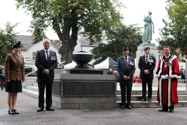 L-R Cadet Cpl Nicole Hughes, Deputy Lord Lieutenant Mr Simon Cassells, 
Martin Thompson Vice-President of Armagh Royal British Legion, David Hammerton President of Armagh Royal British Legion and Lord Mayor Alderman Glenn Barr.