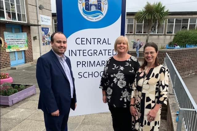 Principal Nuala Hall (centre) with Andrew Norrie (Parental Engagement Manager Integrate My School) and Roisin Marshall (Chief Executive of NI Council for Integrated Education).