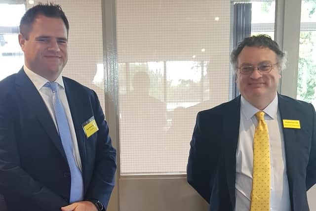 Neale Richmond, Fine Gael TD with Dr Stephen Farry MLA following their presentations at the Alliance East Antrim business breakfast.