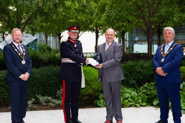 Lord Lieutenant of County Antrim, Mr David McCorkell; Mayor, Cllr BIlly Webb and Deputy Mayor, Cllr Stephen Ross with Alan Lowry from Environmental Street Furniture.