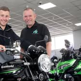 Stephen pictured with Jonathan Rea at the handover of Jonathan's new 
bike