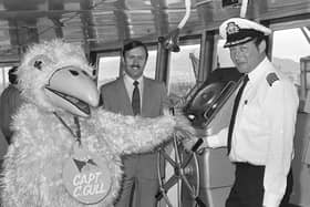 Captain John Parkes of the Ulster Queen had an annual visitor to the bridge in July 1981 when Captain C Gull arrived to announce P&O Ferries sponsorship of the Ulster Automobile Club's Craigantlet Hill Climb which was to take place on August 1, 1981. Also pictured is Richard Parsons, Northern Ireland hill climb champion. Picture: News Letter archives