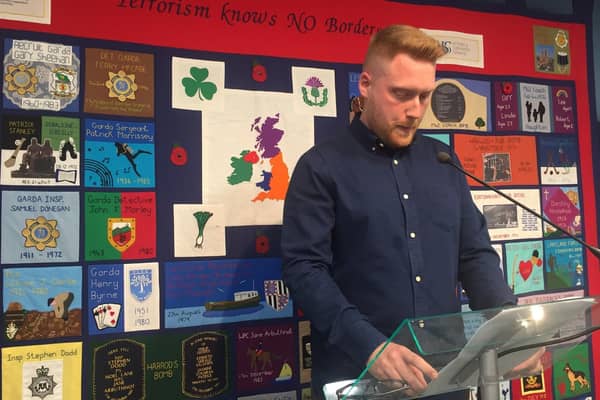 Louie Johnston (SEFF Board member and son of Const. David Johnston, murdered in Lurgan in 1997) at launch of SEFF's Lisburn office.