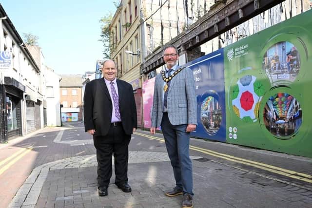 Cllr Gregg McKeen, chair of council's Borough Growth Committee and the Mayor, Cllr William McCaughey, on Dunluce Street, Larne.