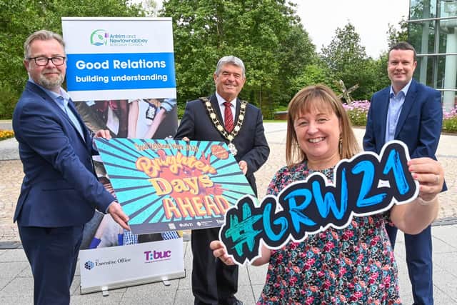 Pictured alongside Mayor of Antrim and Newtownabbey, Cllr Billy Webb MBE JP is Peter Day, Community Relations Council; Julie Carson, The Executive Office; and Ronan McKenna, Antrim and Newtownabbey Borough Council.