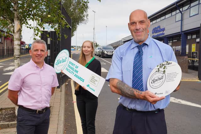 Ballymena Railway Station Shines in the SPIRIT of Translink Facility Awards: Pictured L-R: Translink's  Andy Bate, Keep Northern Ireland Beautiful's Rachel Vaughan with Jim McIlroy from Translink.  Photo by Aaron McCracken