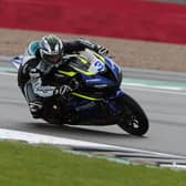 Michael Dunlop on the Dynavolt Triumph at Silverstone on Friday. Picture: David Yeomans Photography.