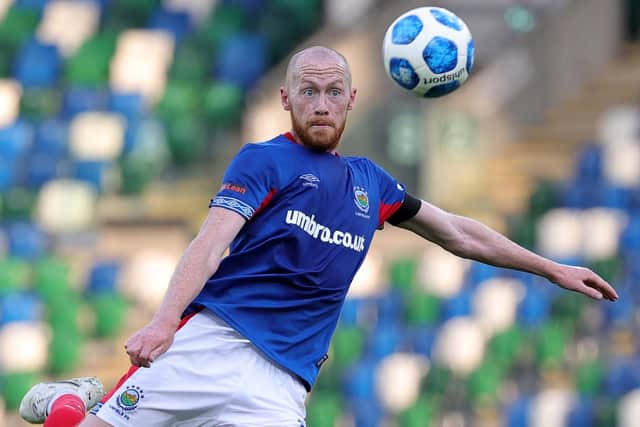 Chris Shields on show for Linfield. Pic by Pacemaker.
