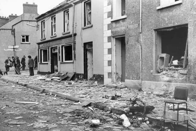The main street in Claudy after the 1972 IRA bomb which left nine people dead and 30 injured. Photo: Belfast Telegraph/PA Wire