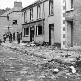 Some of the carnage after the 1972 triple IRA car bomb attack which claimed nine lives and injured 30 in Claudy, Co Londonderry