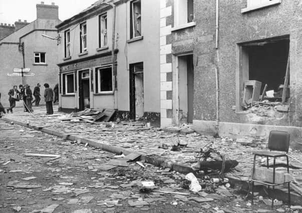 Some of the carnage after the 1972 triple IRA car bomb attack which claimed nine lives and injured 30 in Claudy, Co Londonderry