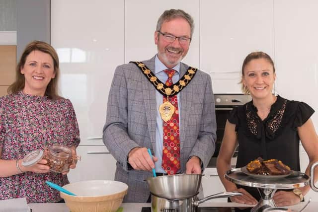 Karen Graham ( Go For It Advisor, Ballymena Enterprise Centre) and Angela Patterson (Gold & Browne’s)  with Mayor of Mid and East Antrim, Councillor William McCaughey