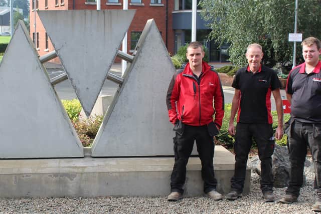 Moore Concrete: Unit production leader Neil Hunter, from Doagh; John Anderson, from
Cullybackey and Adam McConnell, from Broughshane. All three members of the production team also farm on a part time basis.