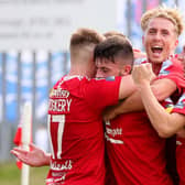 Portadown players after moving into the lead over Linfield. Pic by Pacemaker.