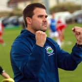 Linfield boss David Healy celebrating at Shamrock Park on Saturday. Pic by Pacemaker.