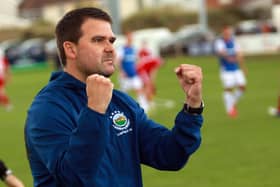 Linfield boss David Healy celebrating at Shamrock Park on Saturday. Pic by Pacemaker.