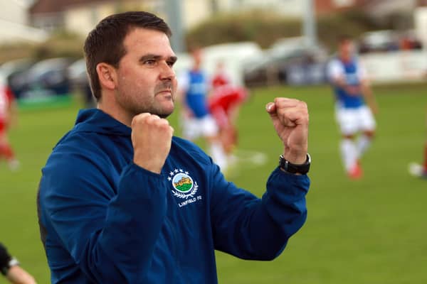 Linfield boss David Healy celebrating at Shamrock Park on Saturday. Pic by Pacemaker.