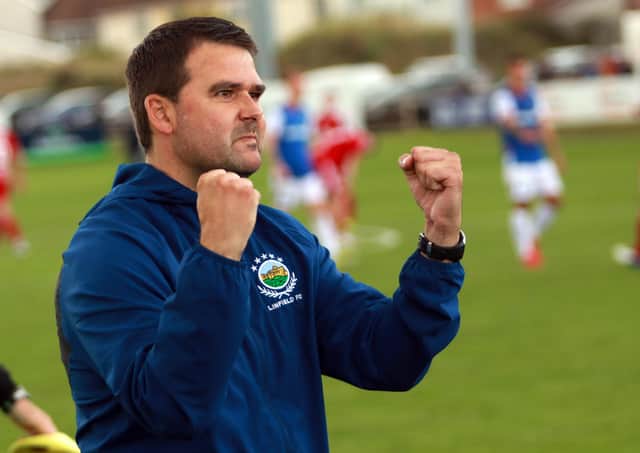 Linfield boss David Healy celebrating at Shamrock Park on Saturday. Pic by Pacemaker.